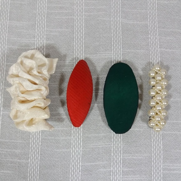 Vintage Accessories - Vintage Hair Clips Pearls Satin Red Green